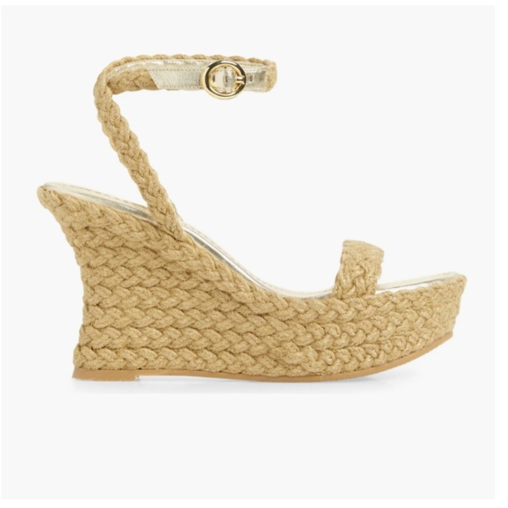 Stuart Weitzman Braided Jute Wedge Sandals in Natural with Gold Buckle